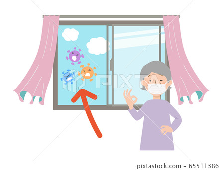 矢量圖的奶奶戴著面具，打開窗戶通風 65511386