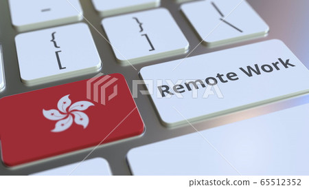 Remote Work text and flag of Hong Kong on the computer keyboard. Telecommuting or telework related conceptual 3D rendering 65512352