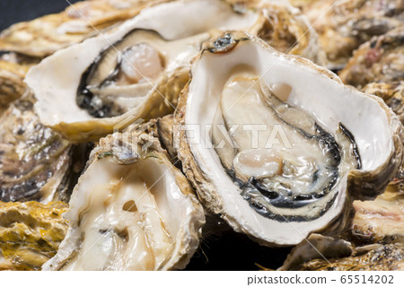 飽滿鮮嫩的牡蠣，堆成小山的帶殼牡蠣，來自廣島三陸地區的鮮牡蠣，冬季海鮮美食食材。 65514202