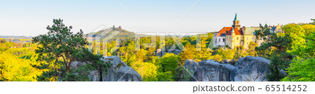 Spring landscape panorama of Bohemian Paradise, Czech: Cesky Raj. Hruba Skala castle and Trosky ruins. Czech Republic 65514252