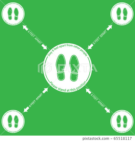 Foot Symbol Marking the standing position, the floor as markers for people to stand 6 feet apart, the practices put in place to enforce social distancing, vector illustration .. Foot Symbol Marking the standing position, the floor as markers for people to stand 6 feet apart, the practices put in place to enforce social distancing, vector illustration .. 65518117