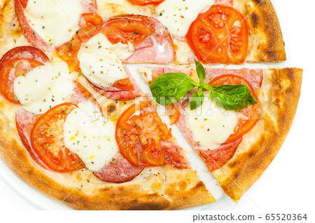 Pizza with tomatoes, ham and mozzarella on a white Pizza with tomatoes, ham and mozzarella on a white 65520364