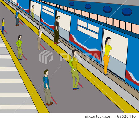People line up to wait for the train at subway station with the appropriate social distance. 65520410