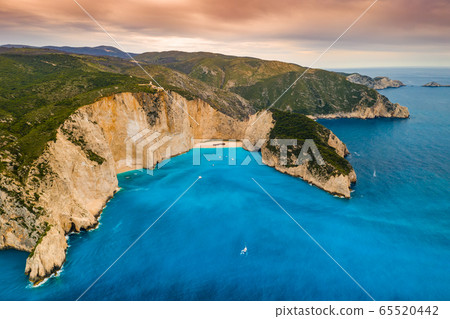 Navagio bay and Ship Wreck beach in summer. Zakynthos, Greece in the Ionian Sea 65520442