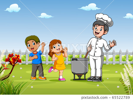 Kids with pretty chef cooking outdoors of illustration 65522789