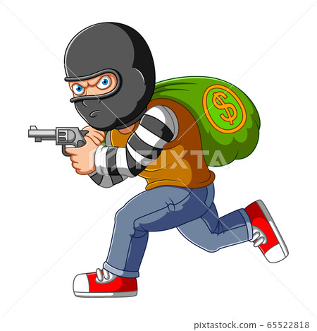 Bank robber running with money bags and gun 65522818