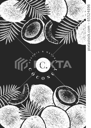 Coconut with palm leaves design template. Hand Coconut with palm leaves design template. Hand 65524896