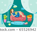 Happy young woman is relaxing on comfortable chair and using laptop. Vector flat illustration 65526942