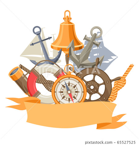 Background with nautical symbols and items. 65527525