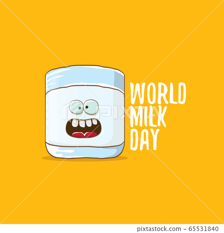 World milk day greeting banner with funny cartoon cute smiling milk glass character isolated on orange background. Happy milk day concept illustration with Kids kawaii food funky character. World milk day greeting banner with funny cartoon cute smiling milk glass character isolated on orange background. Happy milk day concept illustration with Kids kawaii food funky character. 65531840