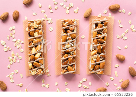Protein Almond Bars On Pink Background Protein Almond Bars On Pink Background 65533226