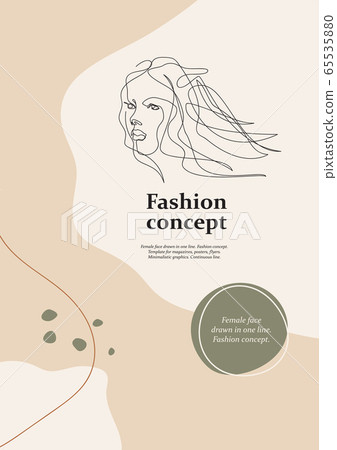 Female face drawn in one line. Fashion concept. Template for magazines, posters, flyers. Female face drawn in one line. Fashion concept. Template for magazines, posters, flyers. 65535880