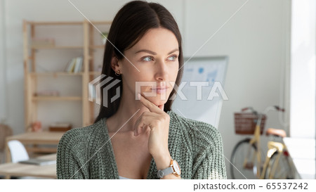 Close up confident attractive mentor woman holding chin dreaming. Close up confident attractive mentor woman holding chin dreaming. 65537242