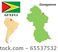 Cooperative Republic Of Guyana. The Capital Is Georgetown. Flag Of Guyana. Map of the continent of South America with country borders. Vector graphics. 65537532