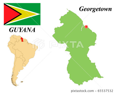 Cooperative Republic Of Guyana. The Capital Is Georgetown. Flag Of Guyana. Map of the continent of South America with country borders. Vector graphics. 65537532