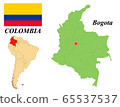 Republic of Colombia. The Capital Is Santa Fe De Bogota. Flag of Colombia. Map of the continent of South America with country borders. Vector graphics. 65537537