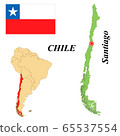 Republic of Chile. The Capital Is Santiago. Flag Of Chile. Map of the continent of South America with country borders. Vector graphics. 65537554