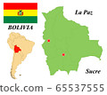 Plurinational State Of Bolivia. The capital is La Paz and Sucre. Flag Of Bolivia. Map of the continent of South America with country borders. Vector graphics. 65537555