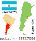 Argentine Republic. The Capital Is Buenos Aires. Flag Of Argentina. Map of the continent of South America with country borders. Vector graphics. 65537556