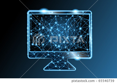 Empty low poly style computer monitor with luminous lines and dots 65540739