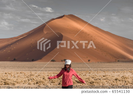 Asian woman traveler walking in Namib Desert, 65541130