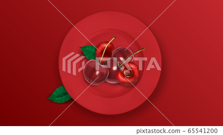 Delicious juicy cherries on a red plate. 65541200