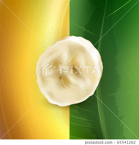 Banana slice on a background of banana peel and palm leaf. 65541262
