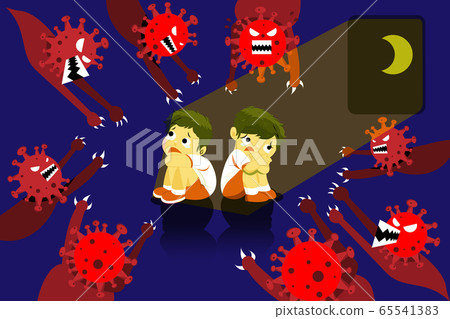 The children are scared and fear of the Coronavirus (CoVID-19) evil, who is going to hurt them. Nightmare concept. The children are scared and fear of the Coronavirus (CoVID-19) evil, who is going to hurt them. Nightmare concept. 65541383