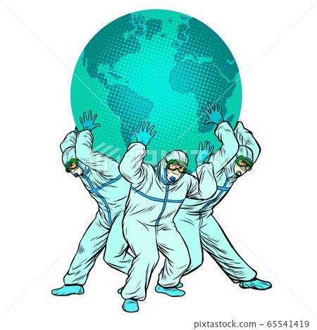 the planet is held by doctors. The concept of the heroism of doctors. Medical workers in protective suits during an epidemic the planet is held by doctors. The concept of the heroism of doctors. Medical workers in protective suits during an epidemic 65541419