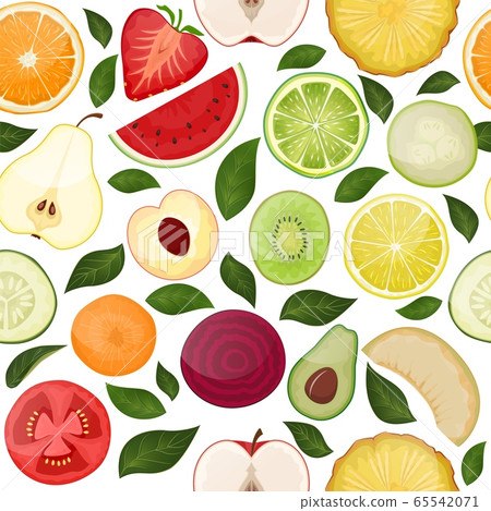 Fresh seamless pattern with slice vitamin fruits vegetables on nature food fruity vector hand drawn illustration isolated on white 65542071