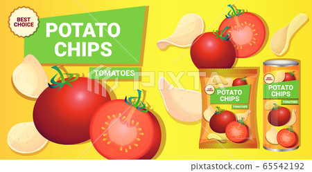 potato chips with tomatoes flavor advertising composition of crisps natural potatoes and packaging 65542192