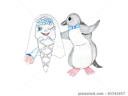Wedding ceremony with ice cream, bouquet and penguin. Wedding ceremony with ice cream, bouquet and penguin. 65542857