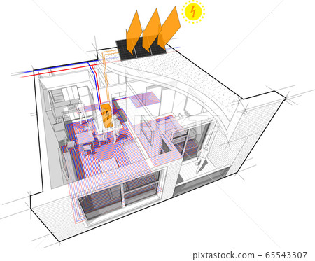 apartment completely furnished with hot water floor heating and central heating pipes as source of heating energy and photovoltaic panels on the roof as source of electric energy apartment completely furnished with hot water floor heating and central heating pipes as source of heating energy and photovoltaic panels on the roof as source of electric energy 65543307