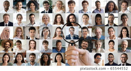 Hr manager holding magnifier finding recruit among multiethnic faces collage 65544552