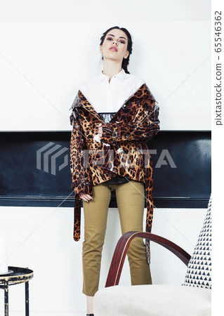 pretty stylish woman in fashion dress with leopard print in luxury house interior, lifestyle people concept 65546362