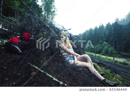 young pretty tourist girl with backpack in forest, travel lifestyle people concept young pretty tourist girl with backpack in forest, travel lifestyle people concept 65546444