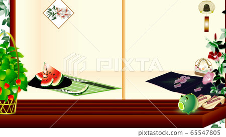 陽台上的西瓜和浴衣，惡魔燈籠和風鈴的插圖描繪了夏天的日本風景，水平式寬虛擬背景素材 65547805