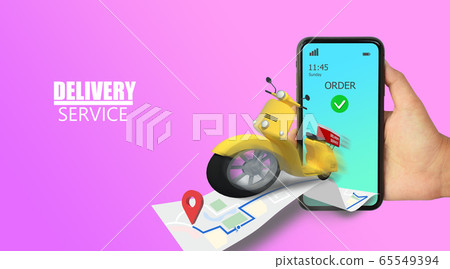 3D Illustration Fast delivery by motorcycle. E-Commerce. Online Food,Taxi,Convenience order application, Blue and white background. Perspective design. 3D Illustration Fast delivery by motorcycle. E-Commerce. Online Food,Taxi,Convenience order application, Blue and white background. Perspective design. 65549394