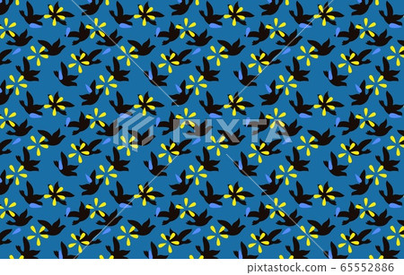 seamless pattern with green flowers and black birds on blue background. seamless pattern with green flowers and black birds on blue background. 65552886