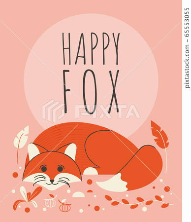 Cute fox with flowers and plants greeting card - Stock Illustration ...