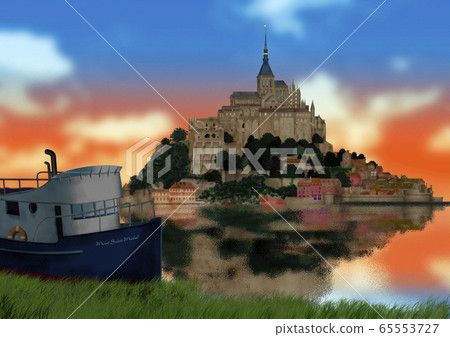 Evening view of Mont Saint Michel and ship image Evening view of Mont Saint Michel and ship image 65553727