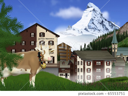 馬特宏峰和采爾馬特鎮和夏天的牛的插圖 65553751