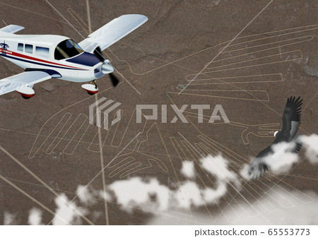 Illustration of a Condor and Cessna plane flying over Nazca Lines 65553773