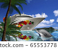 Illustration of Hawaiian luxury liner and dolphin 65553778