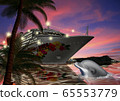Illustration of Hawaiian luxury liner and dolphin 65553779