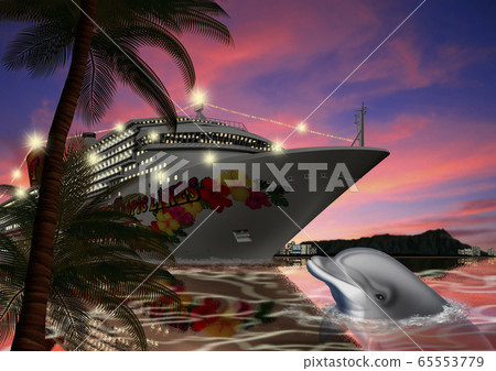 Illustration of Hawaiian luxury liner and dolphin Illustration of Hawaiian luxury liner and dolphin 65553779
