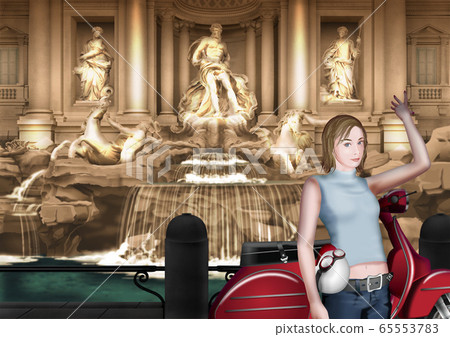 一個女人在特雷維噴泉扔硬幣的插圖 65553783