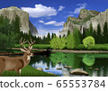 Illustration of deer in spring Yosemite National Park landscape 65553784