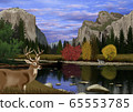 Illustration of deer in autumn Yosemite National Park landscape 65553785