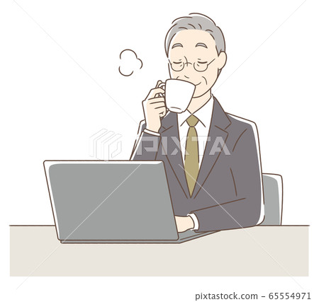A man drinking coffee in front of his personal computer A man drinking coffee in front of his personal computer 65554971